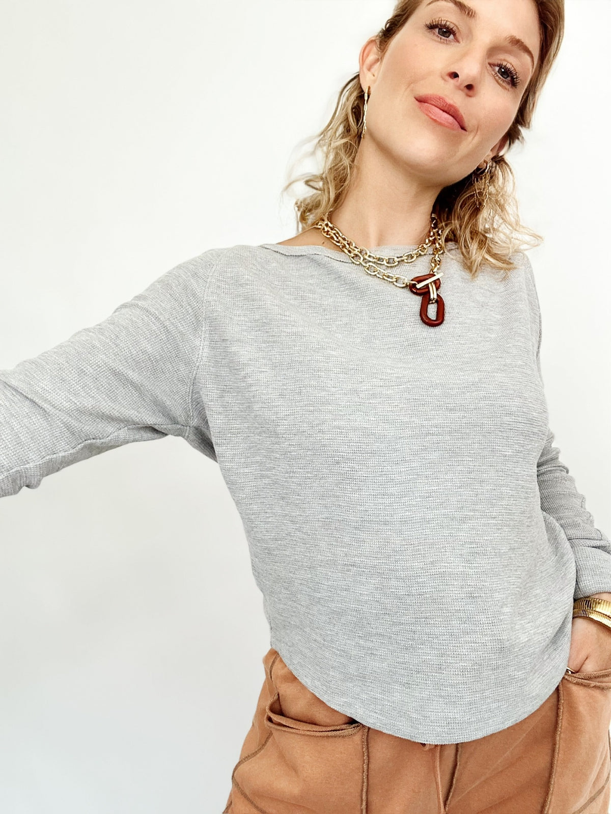 Mindy Thermal Knit Long Sleeve Top Heather Gray