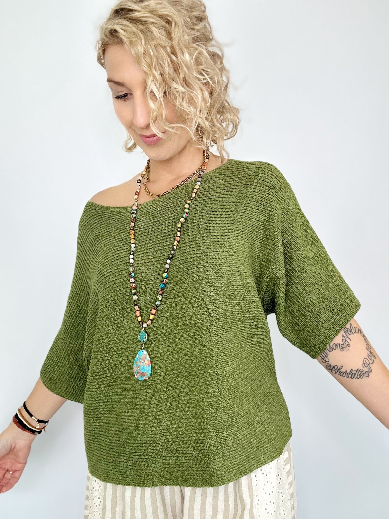 Kai Ribbed Dolman Sweater Top Fern Green
