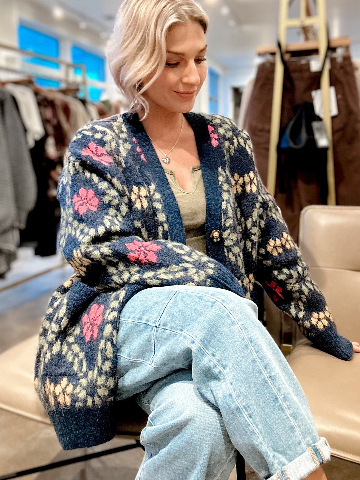 Harlee Floral Fuzzy Cardigan Navy