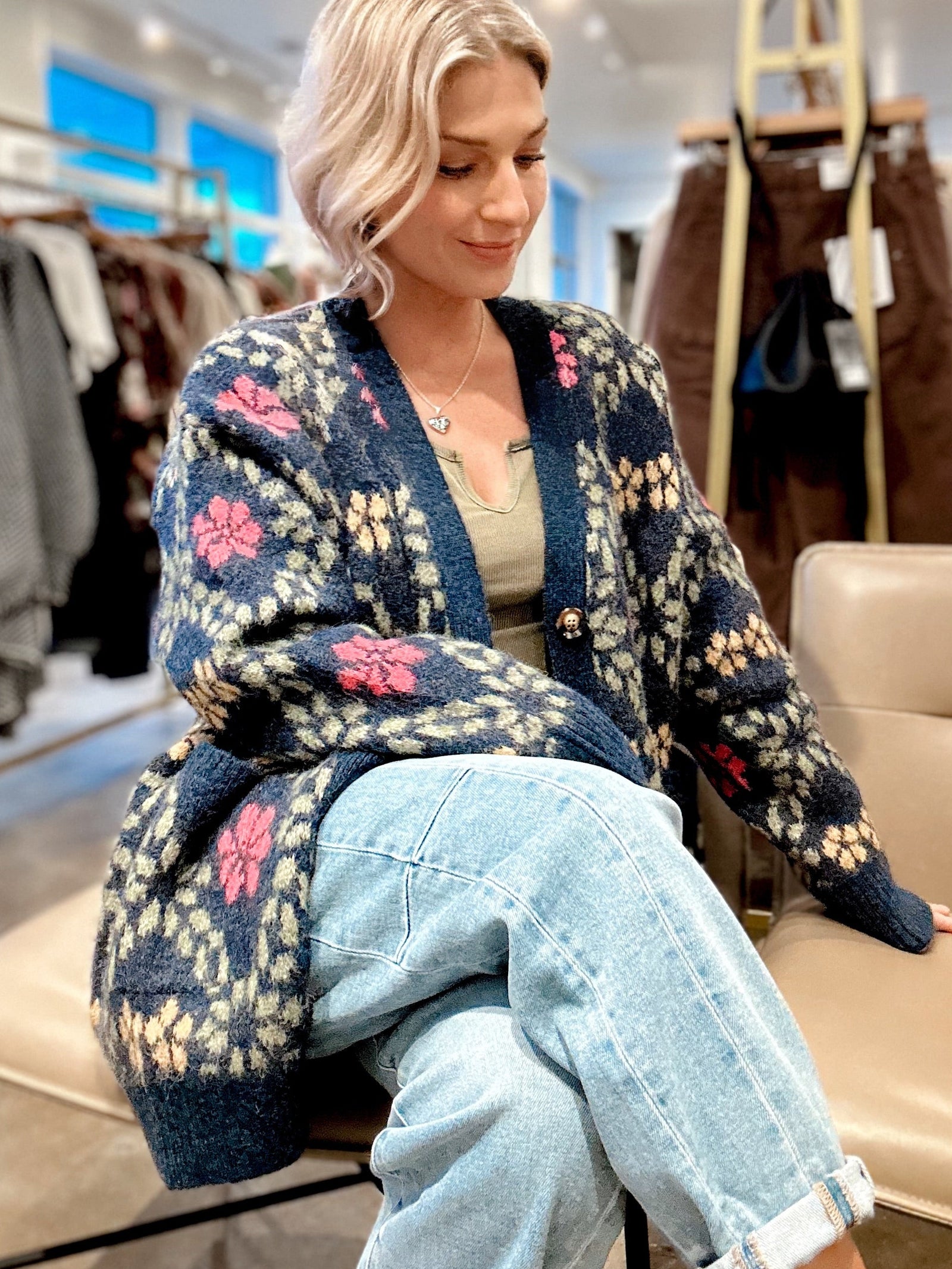 Harlee Floral Fuzzy Cardigan Navy