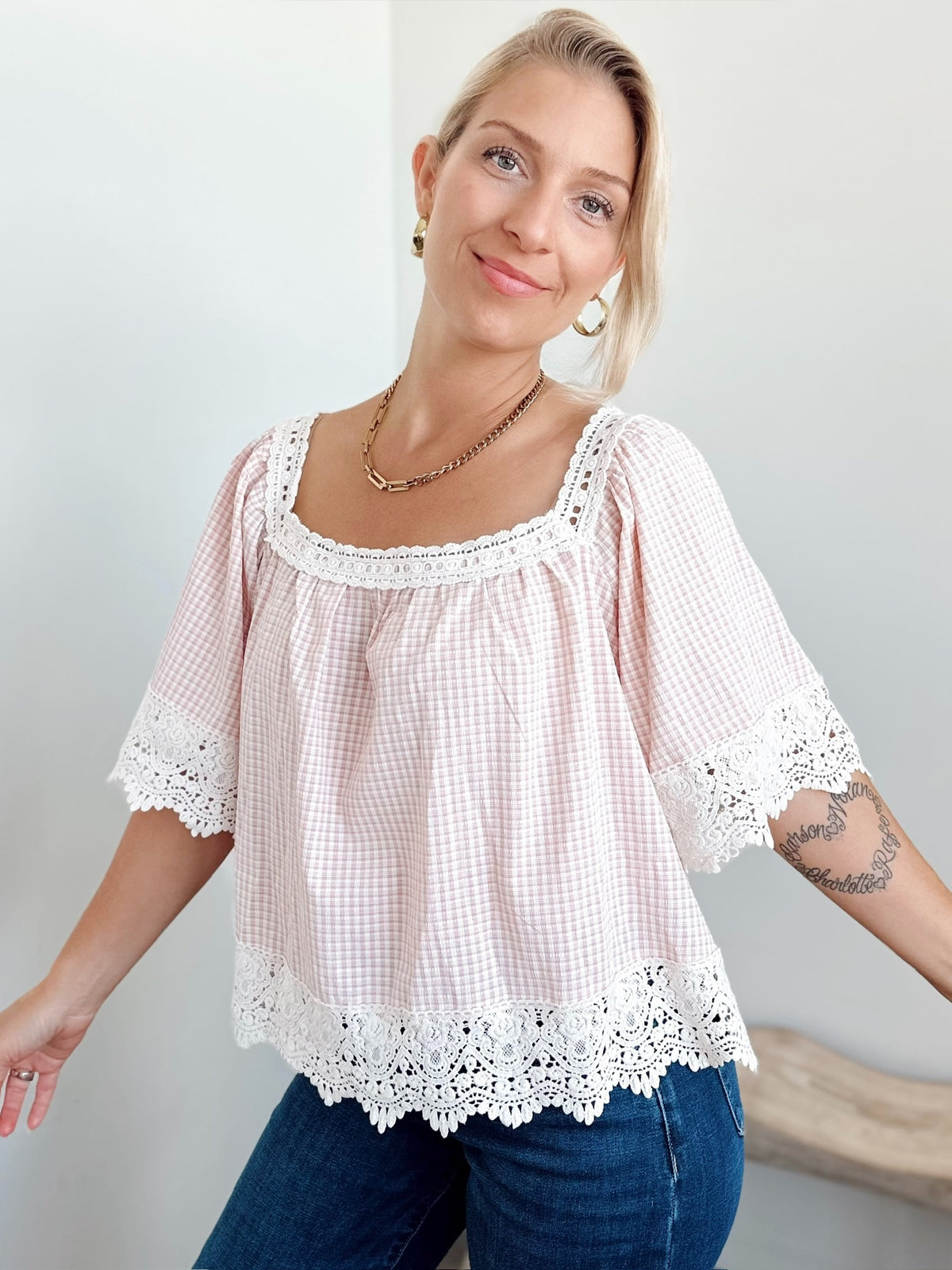Ginger Gingham &amp; Lace Top Blush