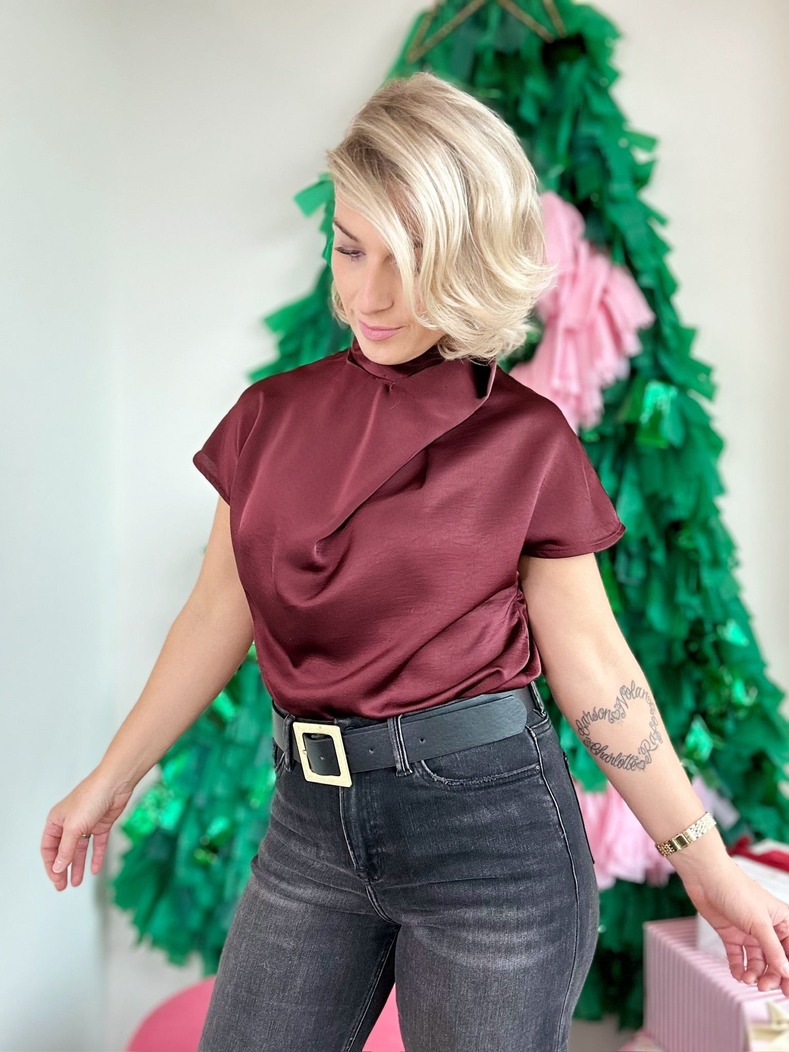 Whitlee Cross Mock Neck Top Wine