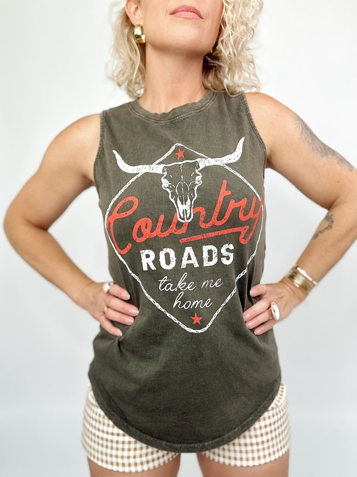 Country Roads Graphic Tank Top Olive
