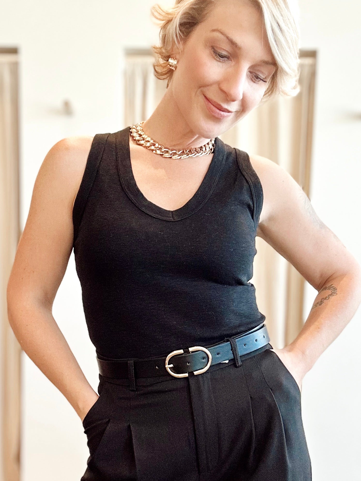 Rachel V-Neck Racerback Slub Cotton Tank Top Black