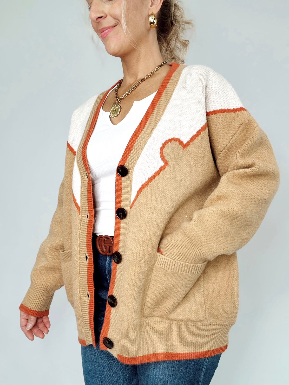 Horse Embroidered Sweater Cardigan Latte