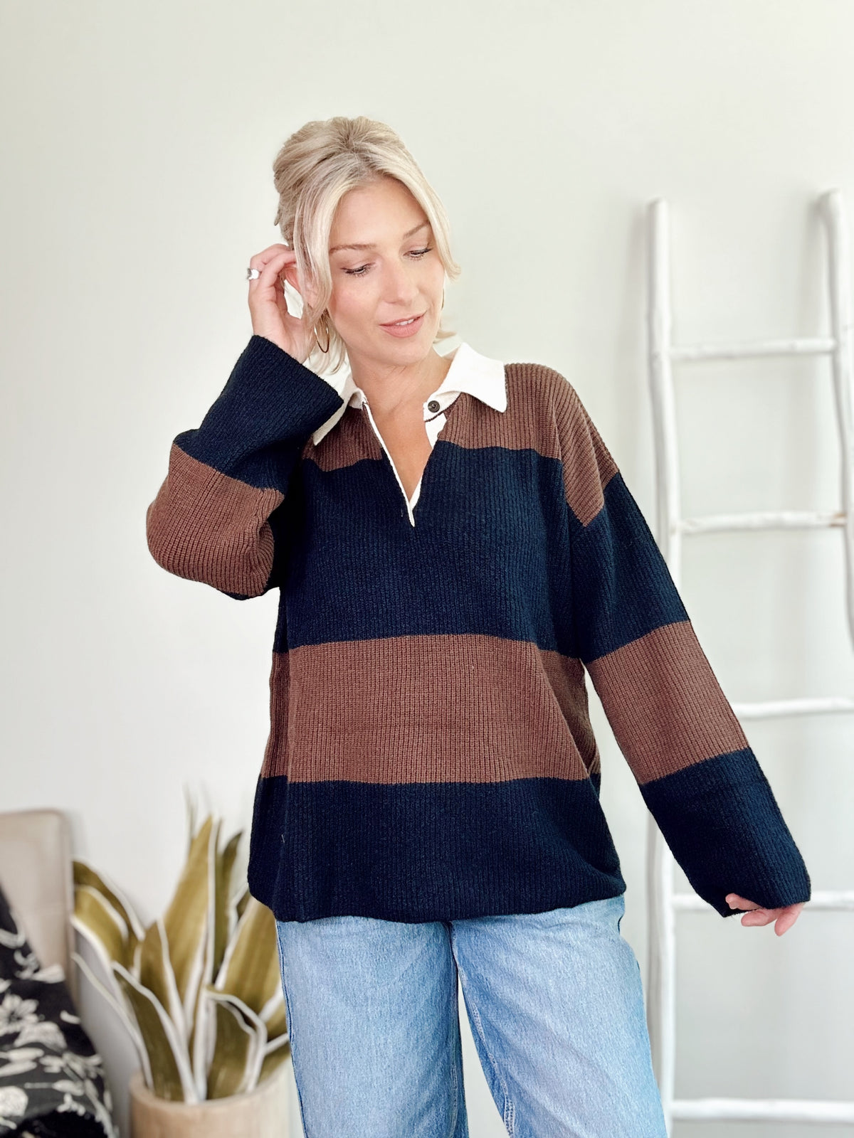 Maddy Wide Stripe Polo Sweater Navy