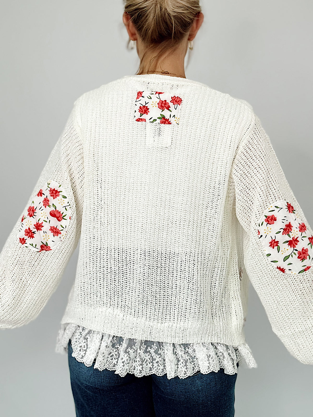 Donna Floral Ruffle Sweater Cardigan Ivory