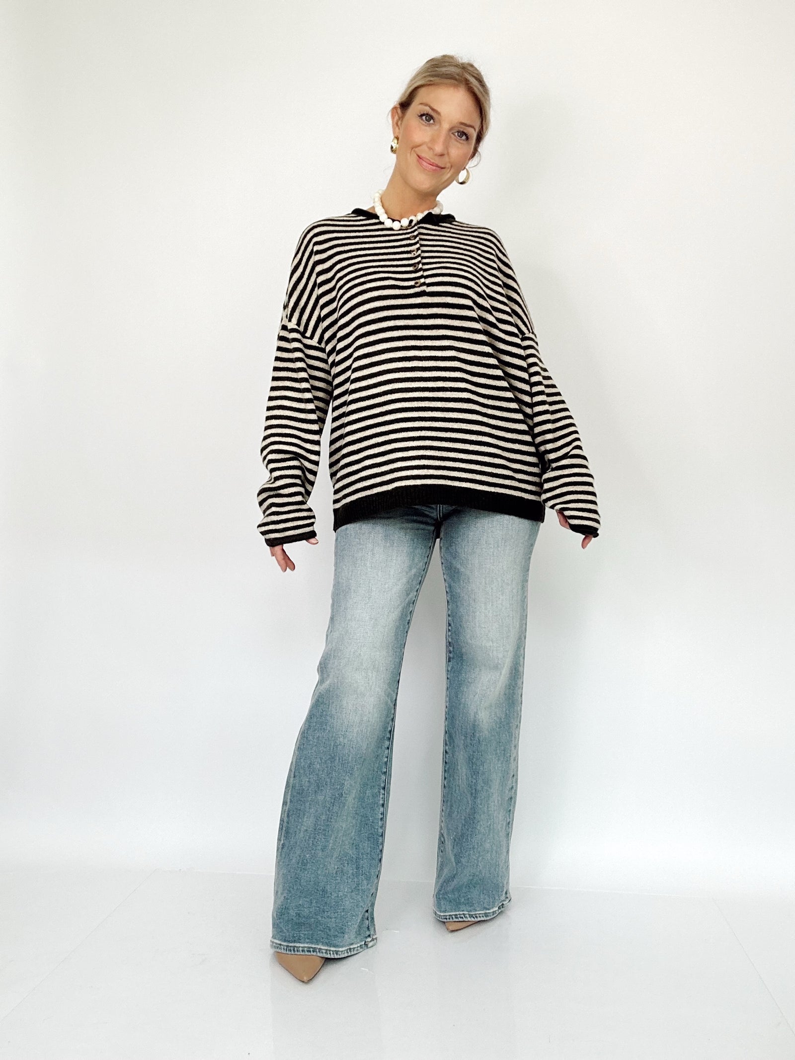 Mindee Henley Stripe Sweater Deep Brown
