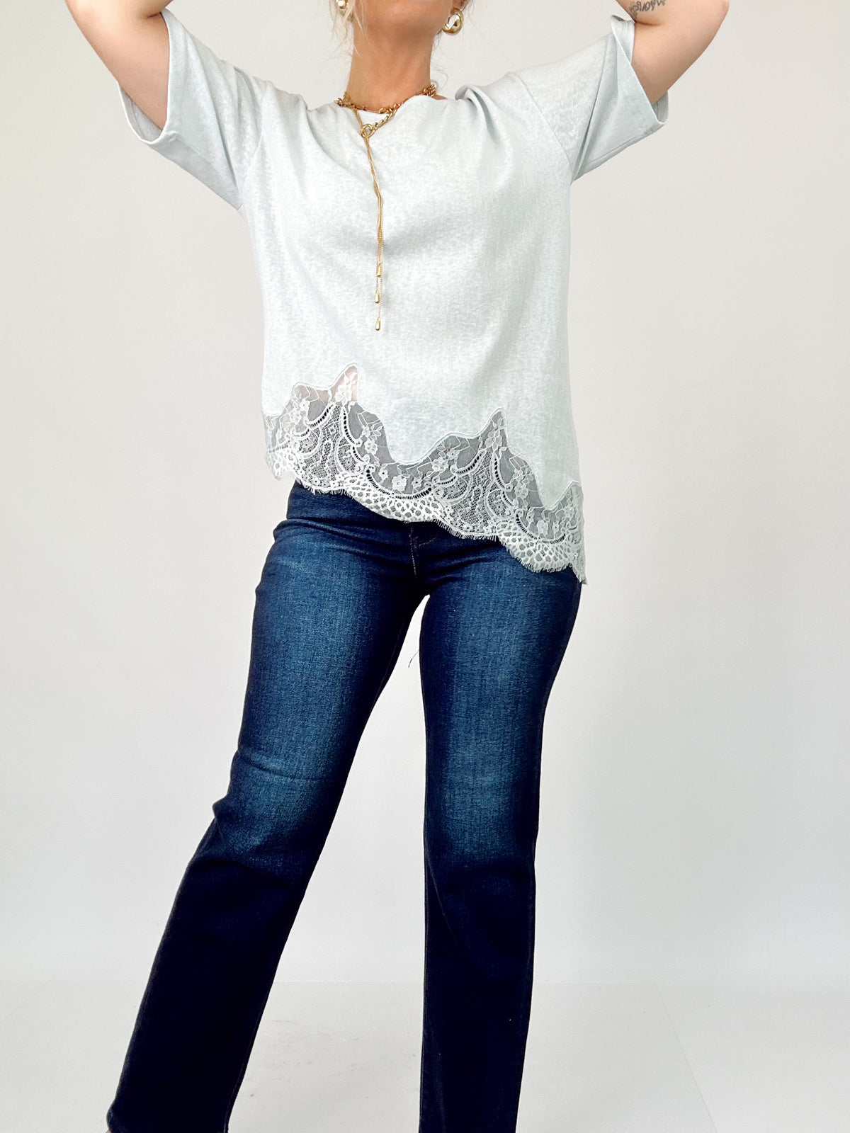 Kara Slub Knit Lace Hem Tee Lt. Blue