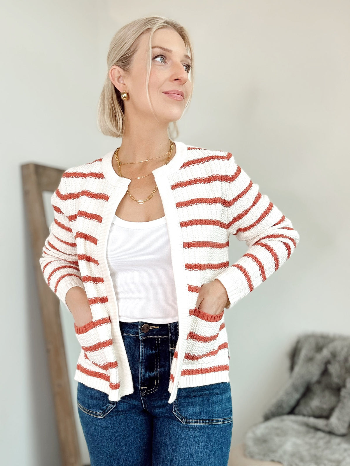Tara Stripe Open Cardigan Poppy