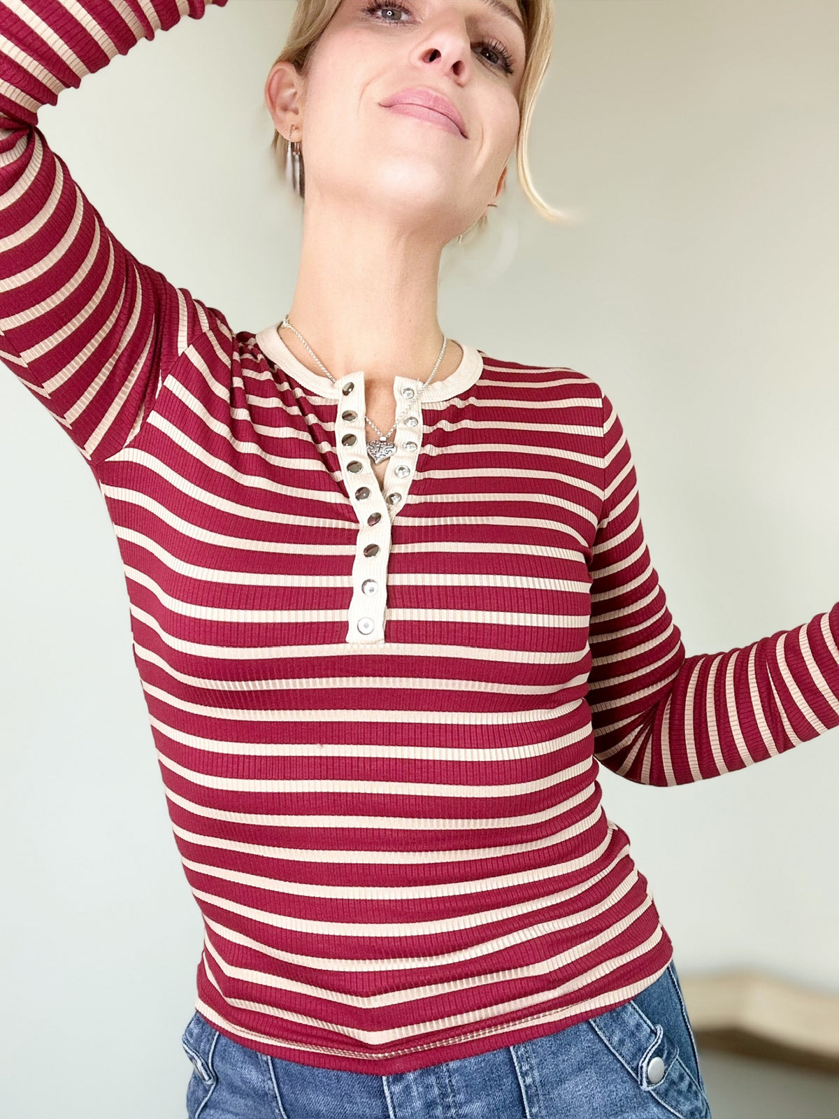 Bridget Stripe Knit Henley Top Deep Red