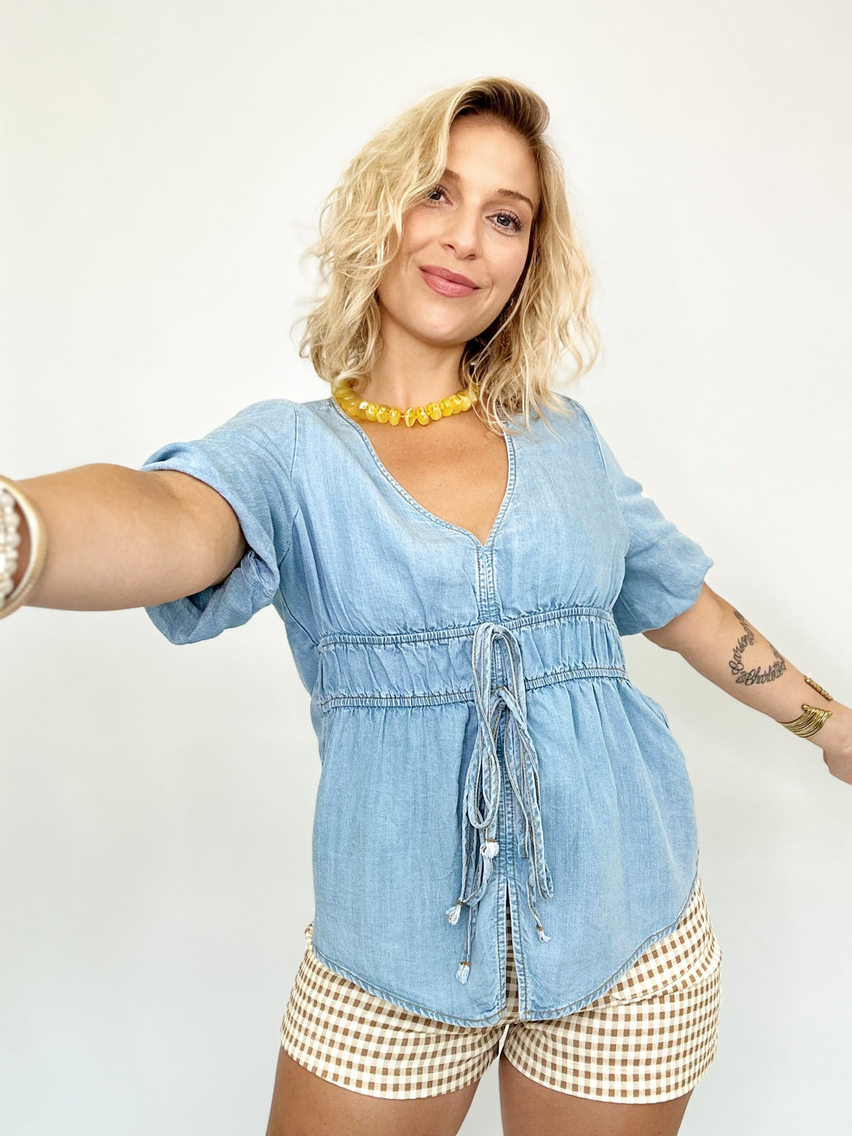 Kendall Bubble Sleeve Chambray Denim Top Light