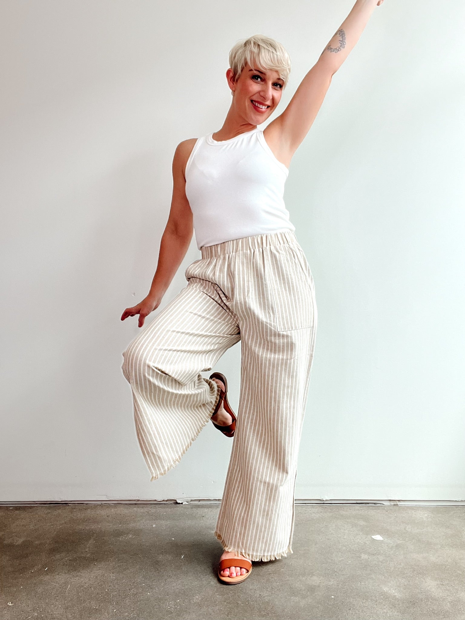 Carrie Striped Linen Pants, Taupe