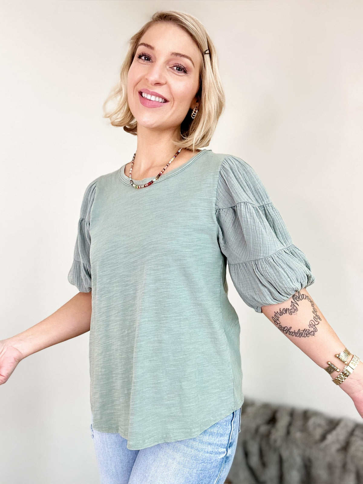Paula Puff Sleeve Top Sage