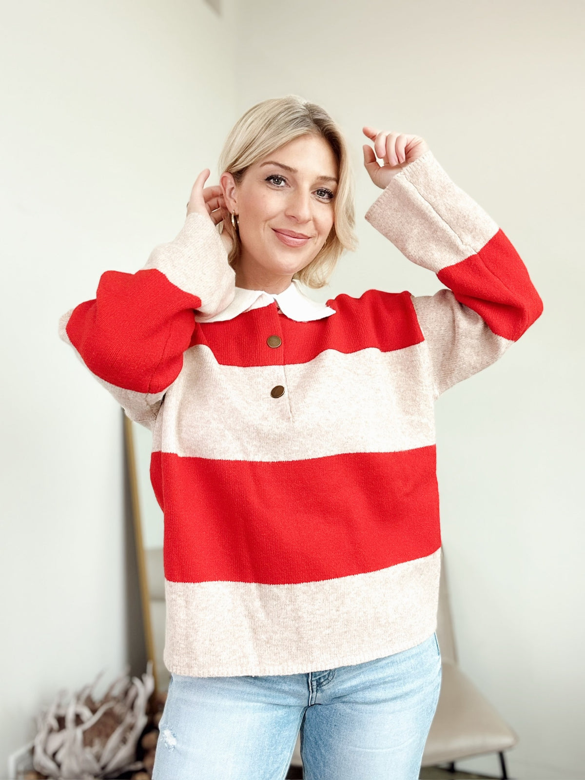 Jamie Striped Polo Sweater Taupe/Red