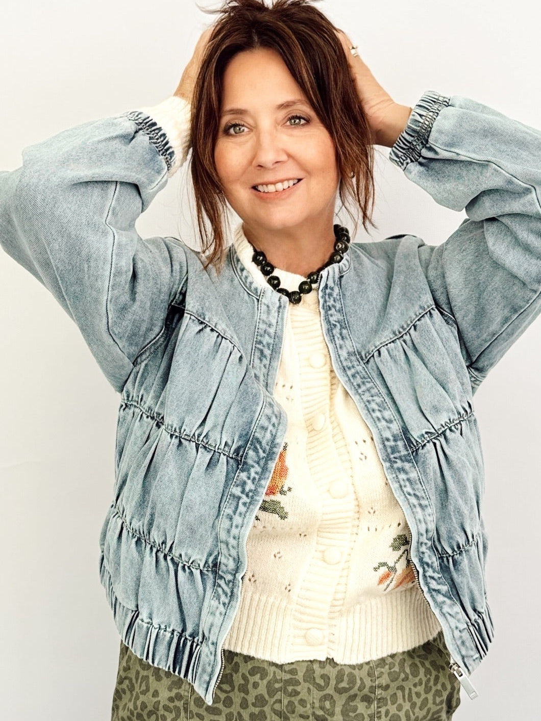 Dee Ruched Seam Denim Bomber Jacket
