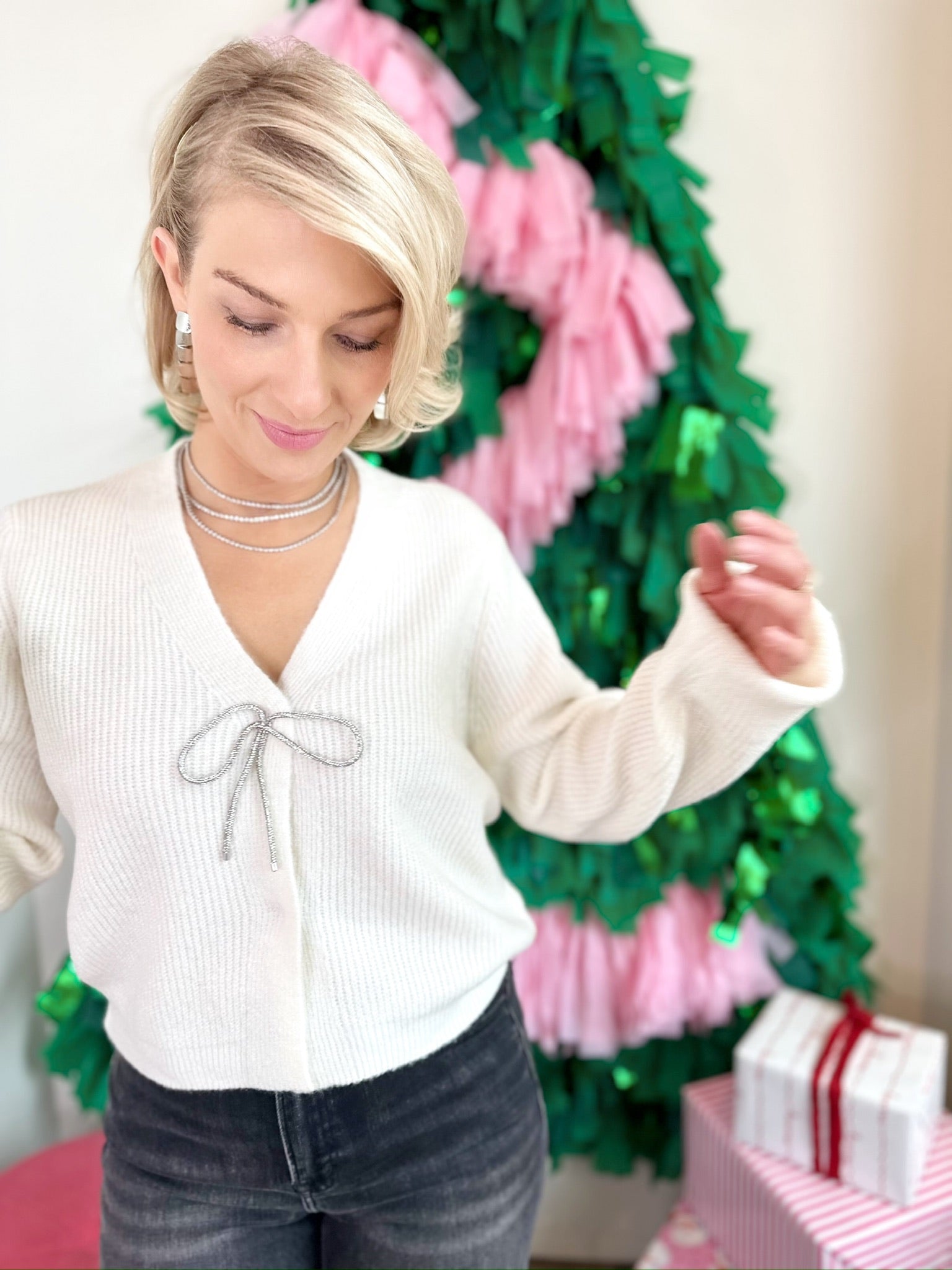 Ayla Sparkle Bow Cardigan Cream