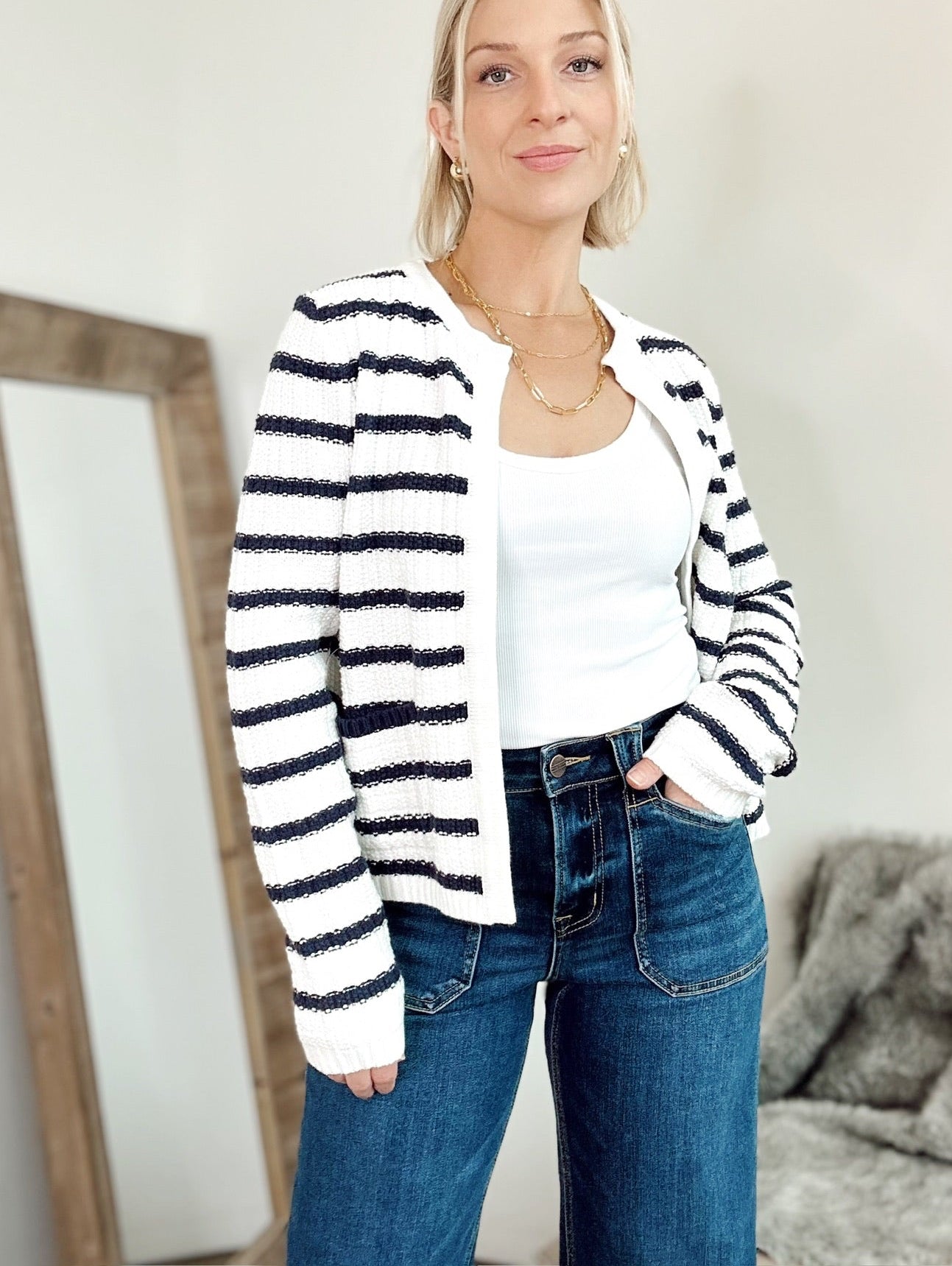 Tara Stripe Open Cardigan Navy
