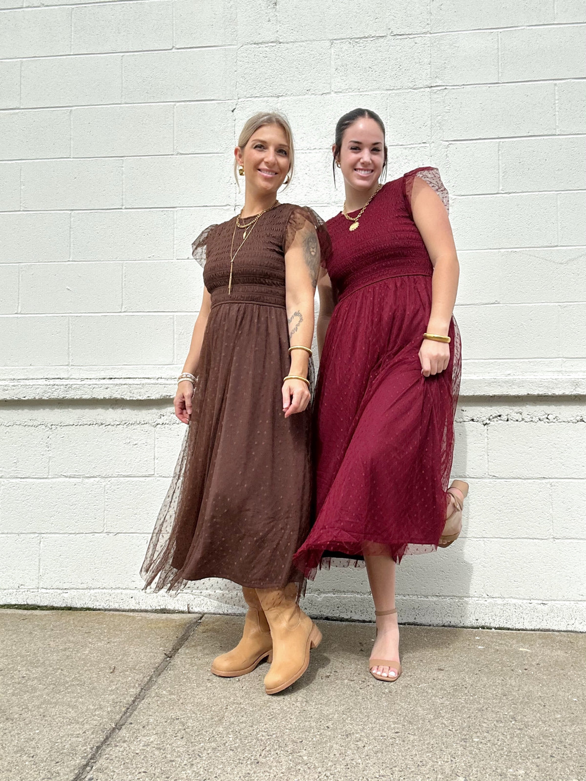 Tasha Polka Dot Chiffon Midi Dress Brown