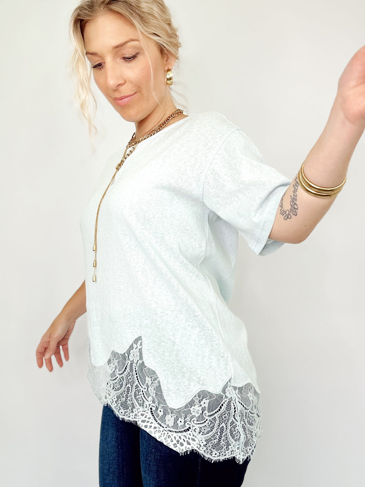 Kara Slub Knit Lace Hem Tee Lt. Blue