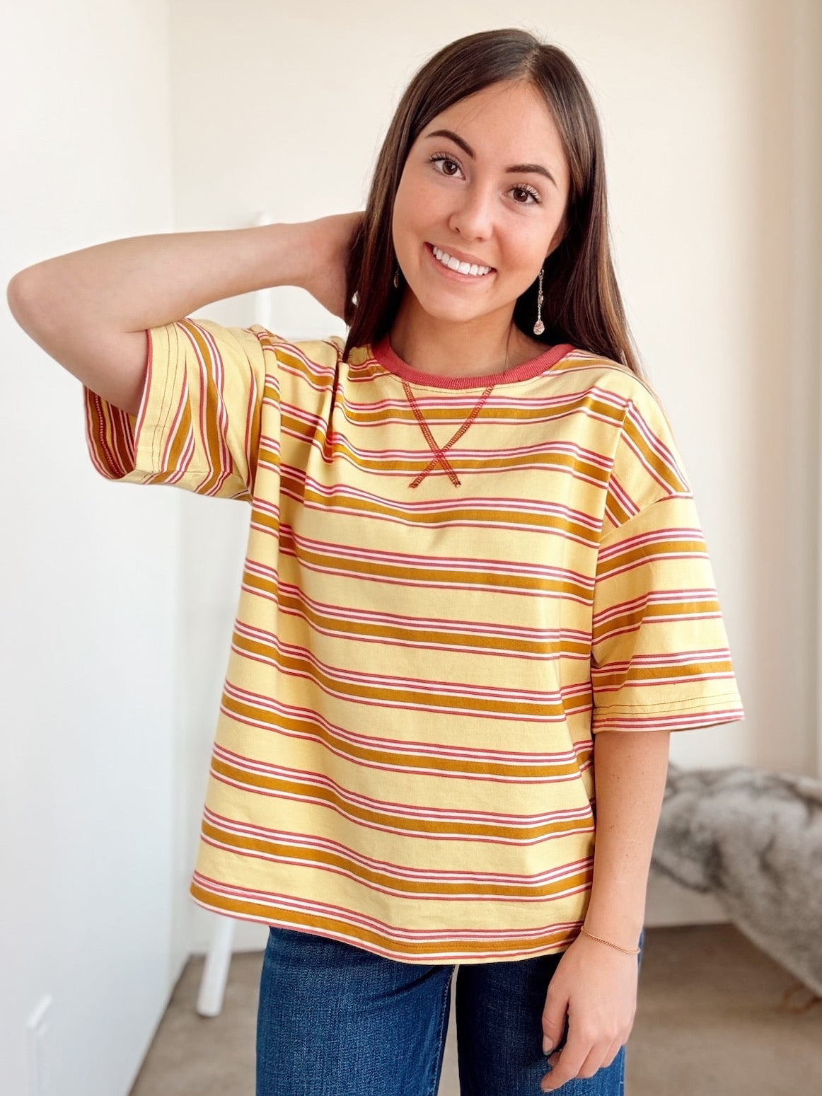 Thea Striped Relaxed Fit Knit Top Yellow