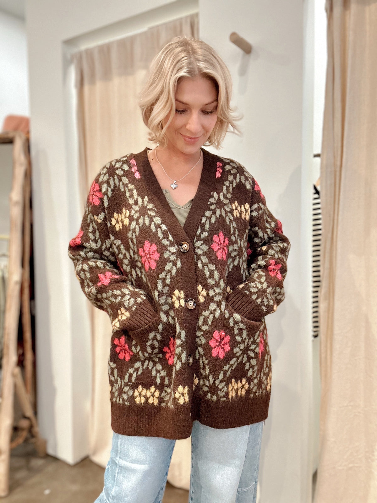 Harlee Floral Fuzzy Cardigan Brown