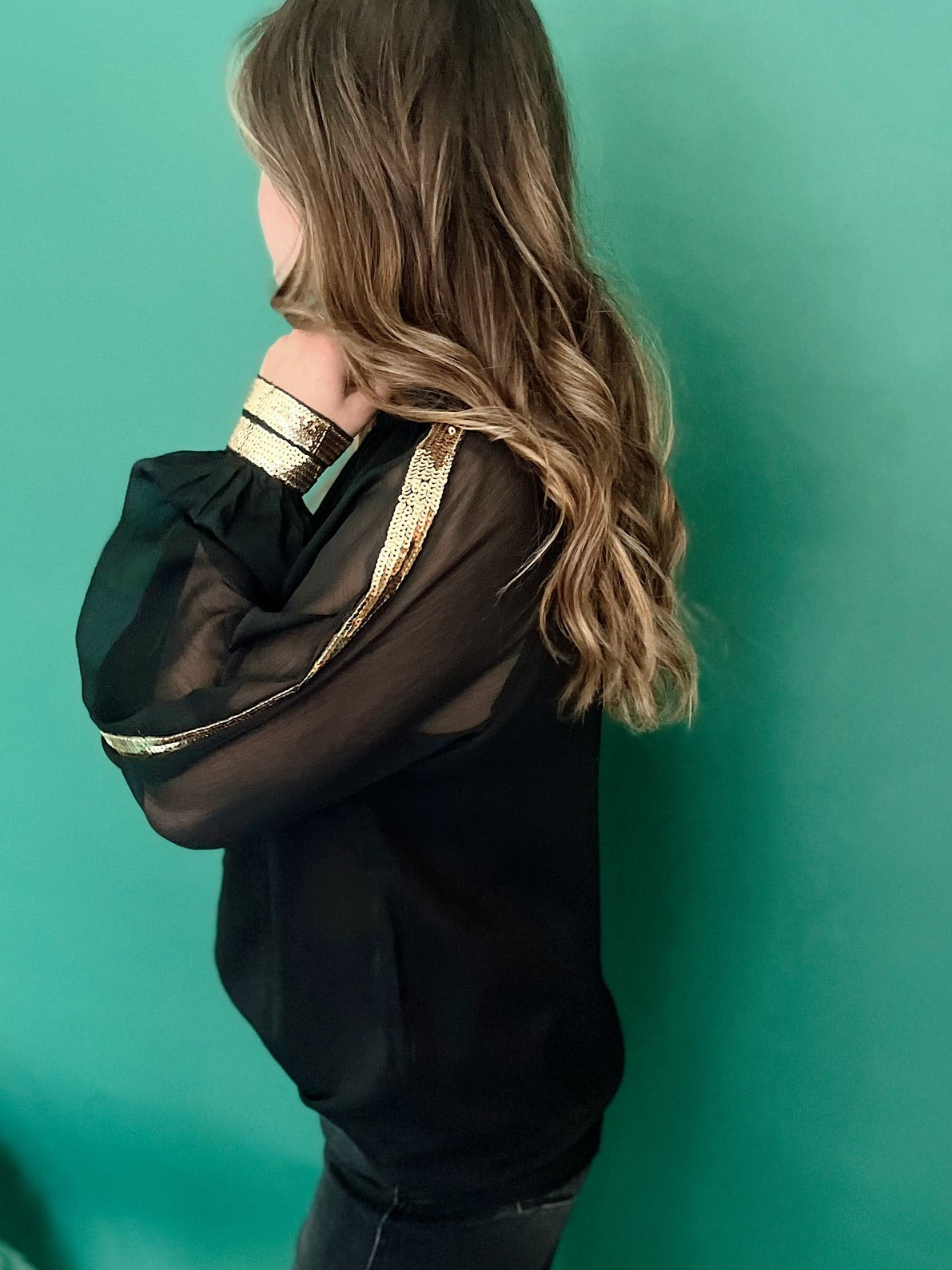 Isabella Raglan Sequin Chiffon Top Black