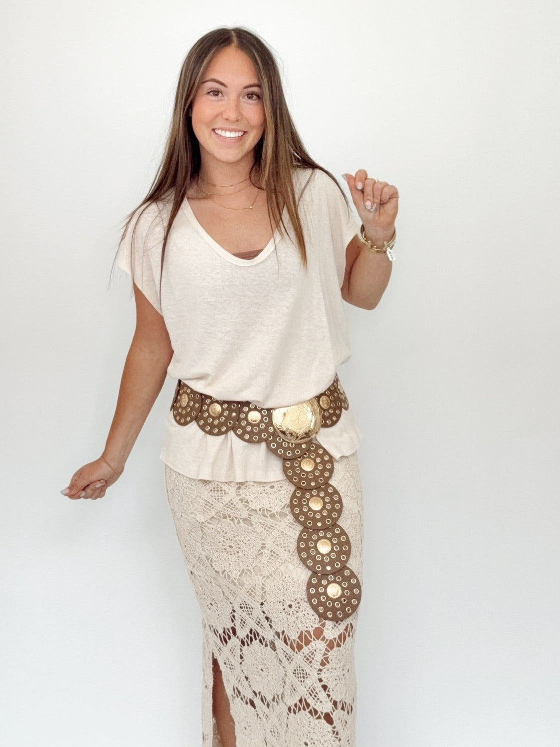 Vegan Leather Grommet Disc Chain Belt