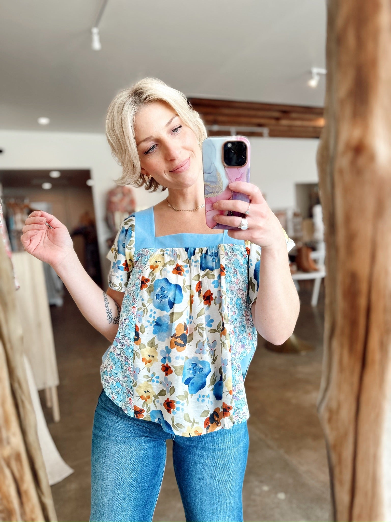 Mona Floral Square Neck Top Royal