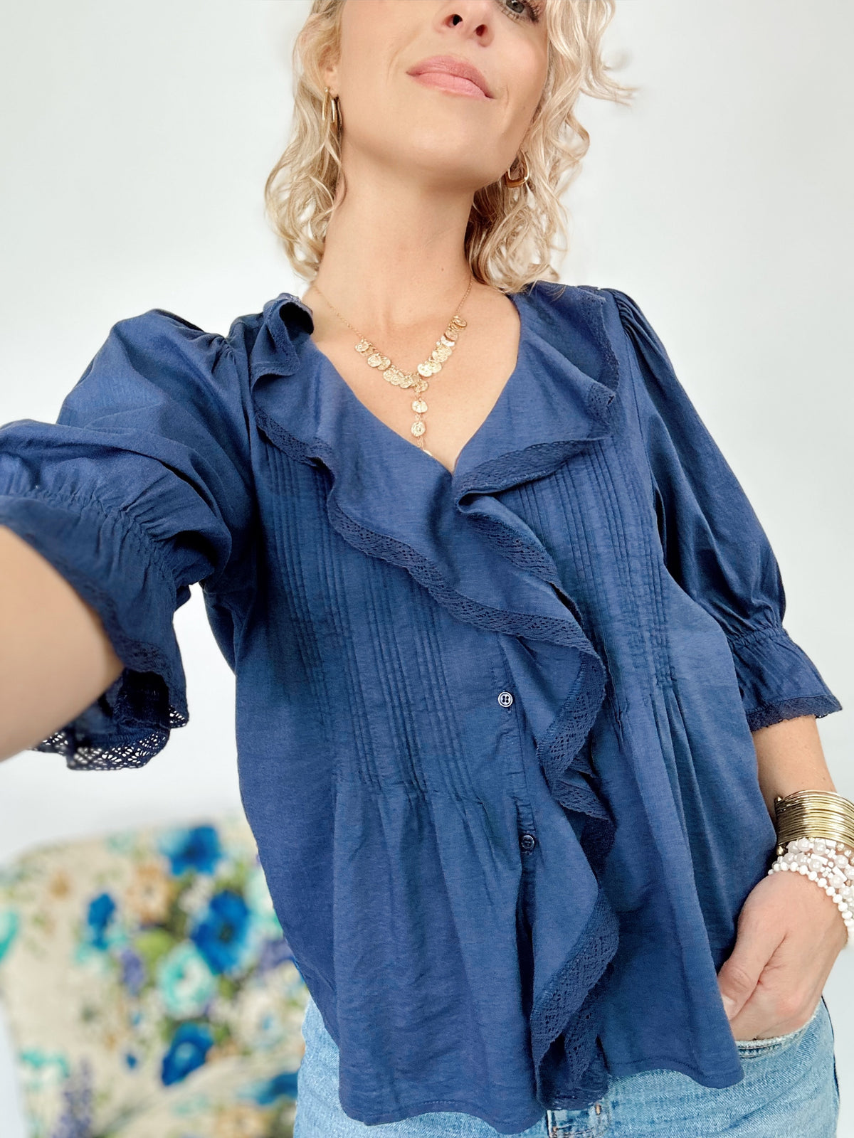 Raquel Ruffled Pintuck Blouse Indigo