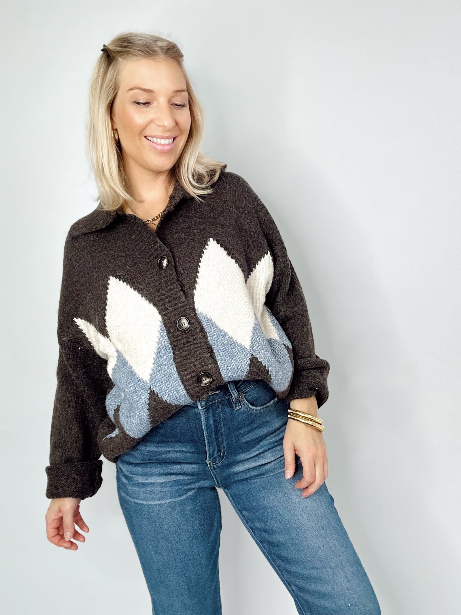 Callie Argyle Knit Cardigan Brown