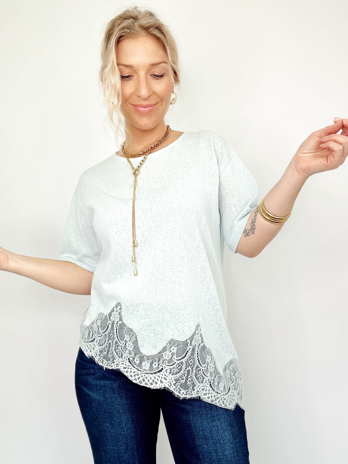 Kara Slub Knit Lace Hem Tee Lt. Blue