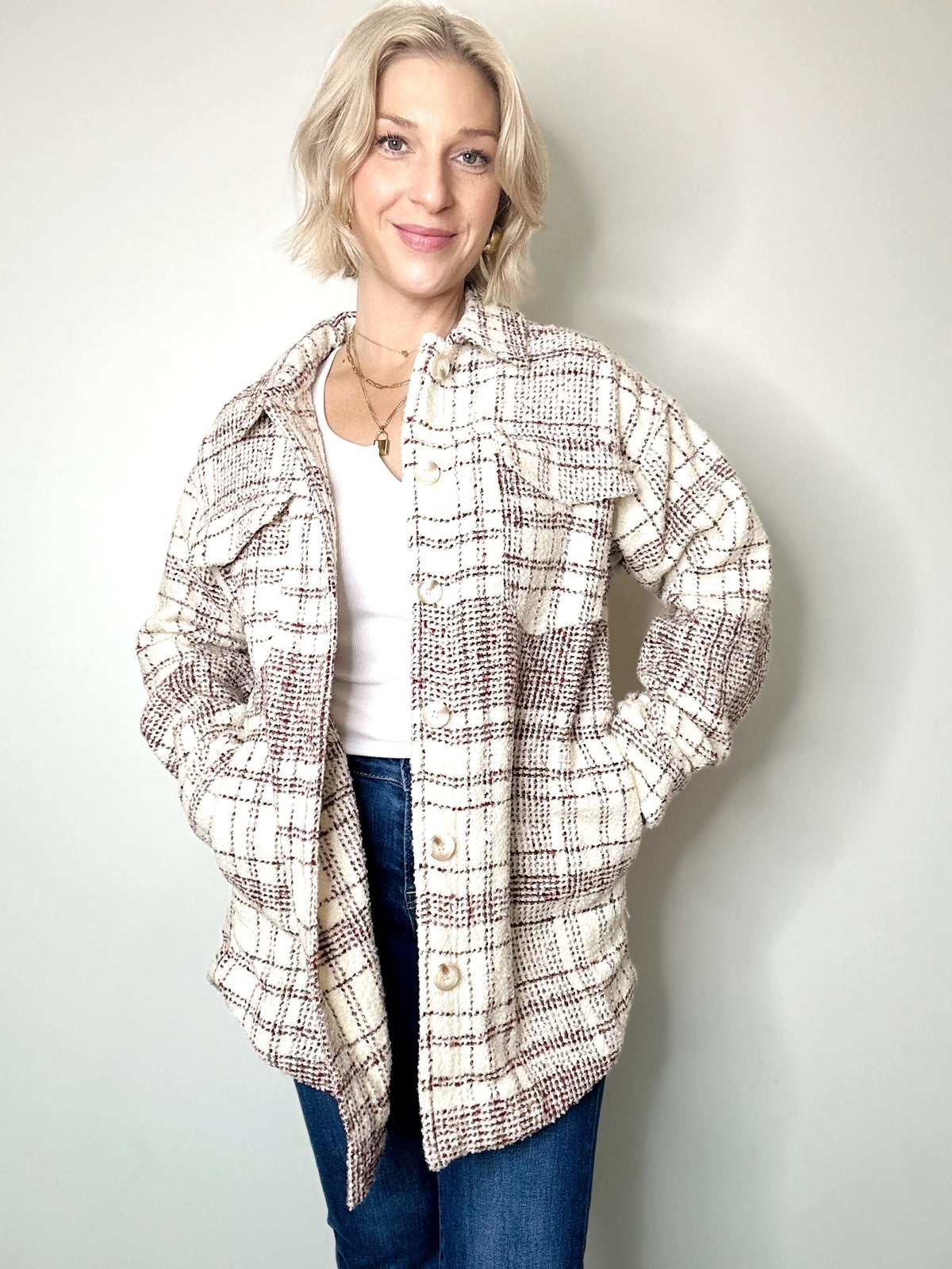 Maya Plaid Shirt Jacket Burgundy/Cream