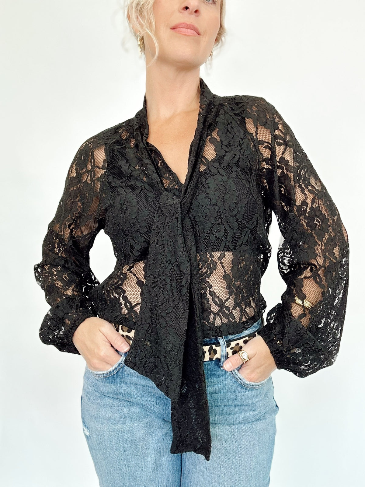 Juliet Sheer Lace Tie Neck Blouse Black