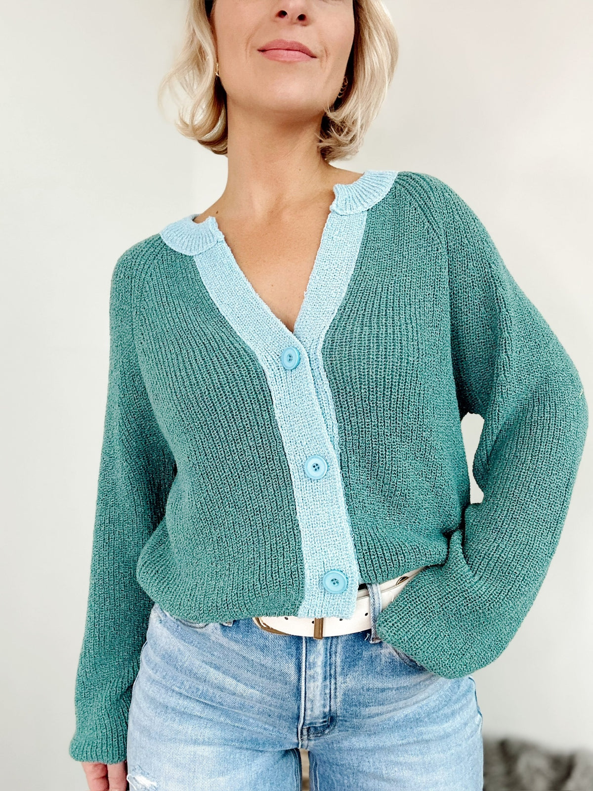 Lexie Contrast Cardigan Sweater Tropical Teal