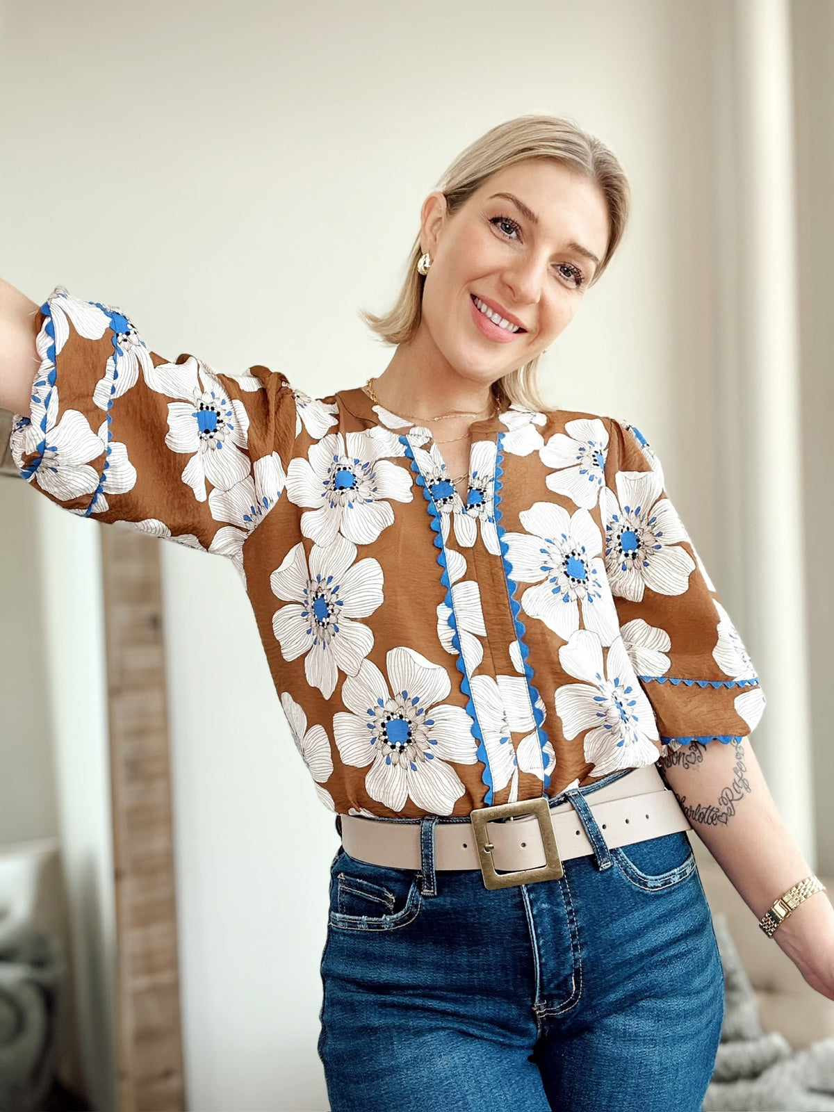 Carmella Floral Blouse Peony Taupe Multi