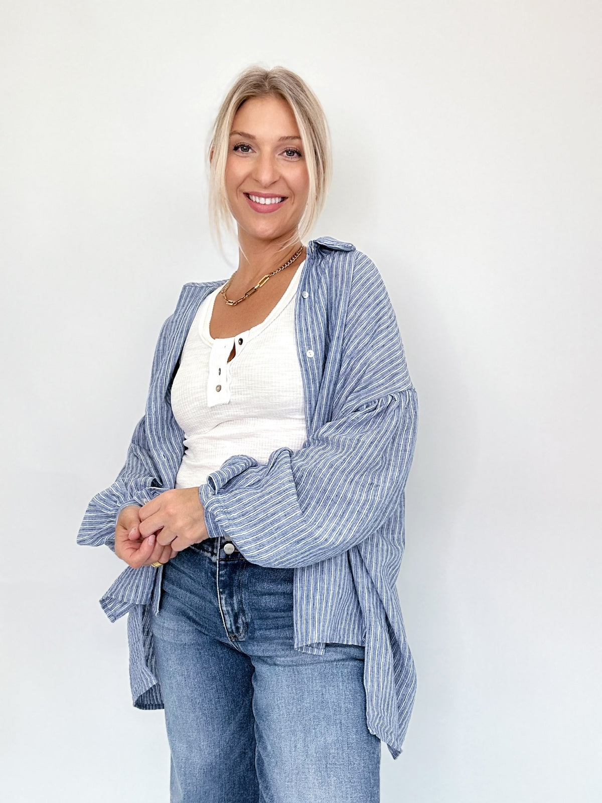 Macie Balloon Sleeve Stripe Shirt Blue