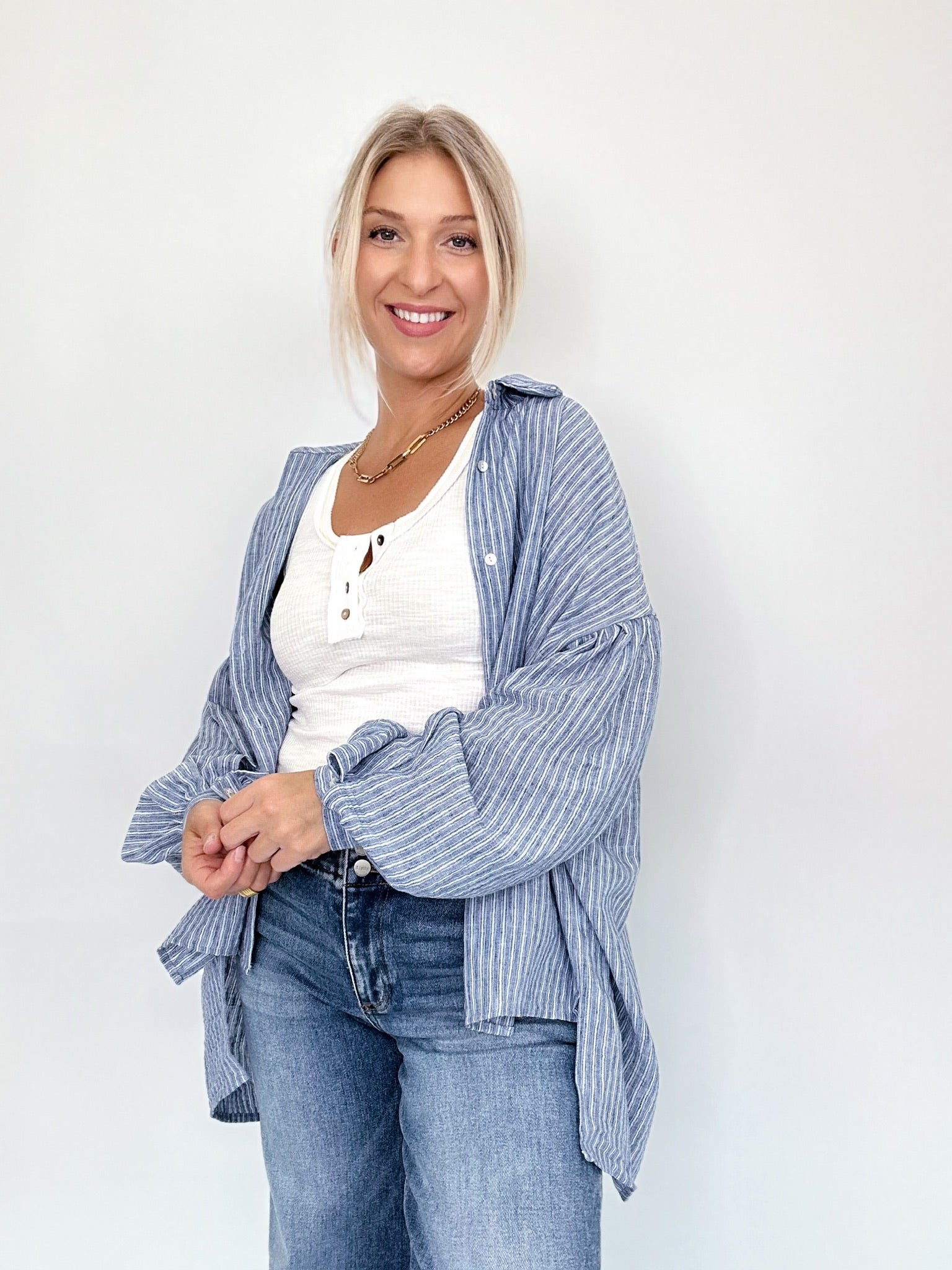 Macie Balloon Sleeve Stripe Shirt Blue