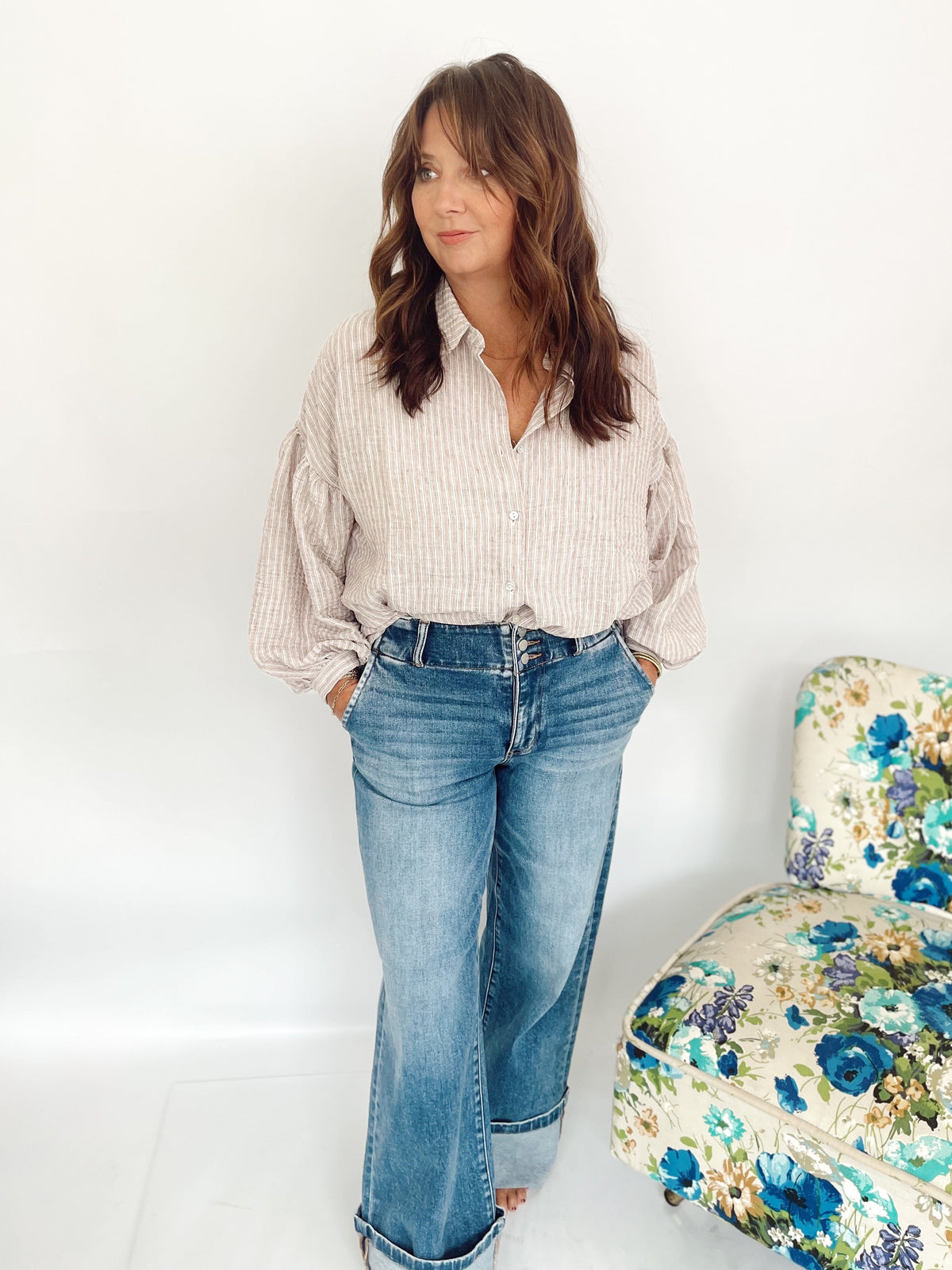 Elise High Rise Wide Leg Cuffed Hem Jeans