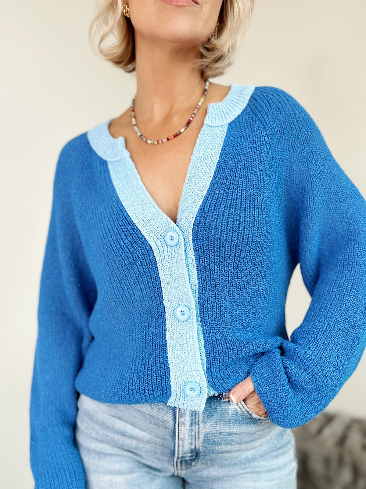 Lexie Contrast Cardigan Sweater Denim Blue