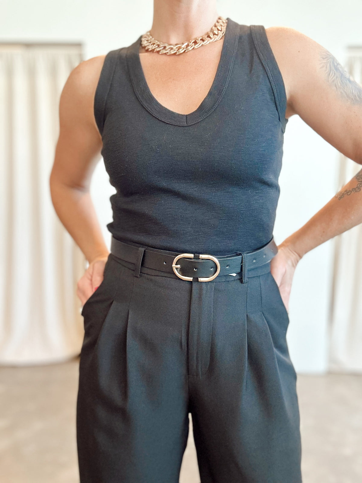 Rachel V-Neck Racerback Slub Cotton Tank Top Black