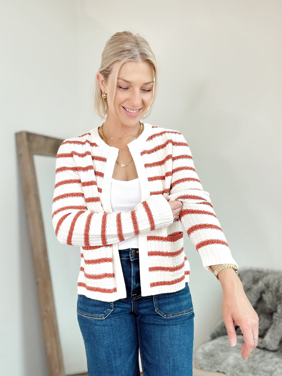 Tara Stripe Open Cardigan Poppy