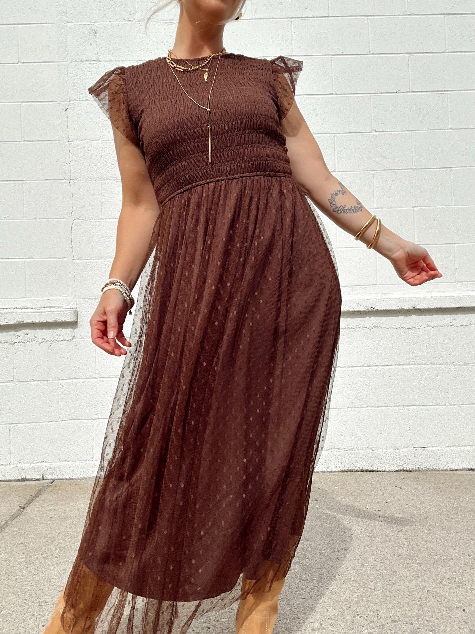 Tasha Polka Dot Chiffon Midi Dress Brown