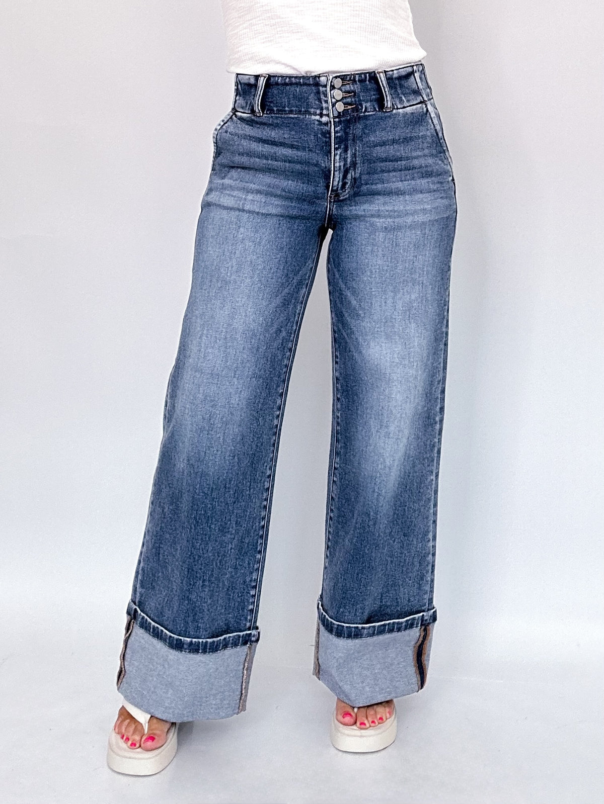 Elise High Rise Wide Leg Cuffed Hem Jeans