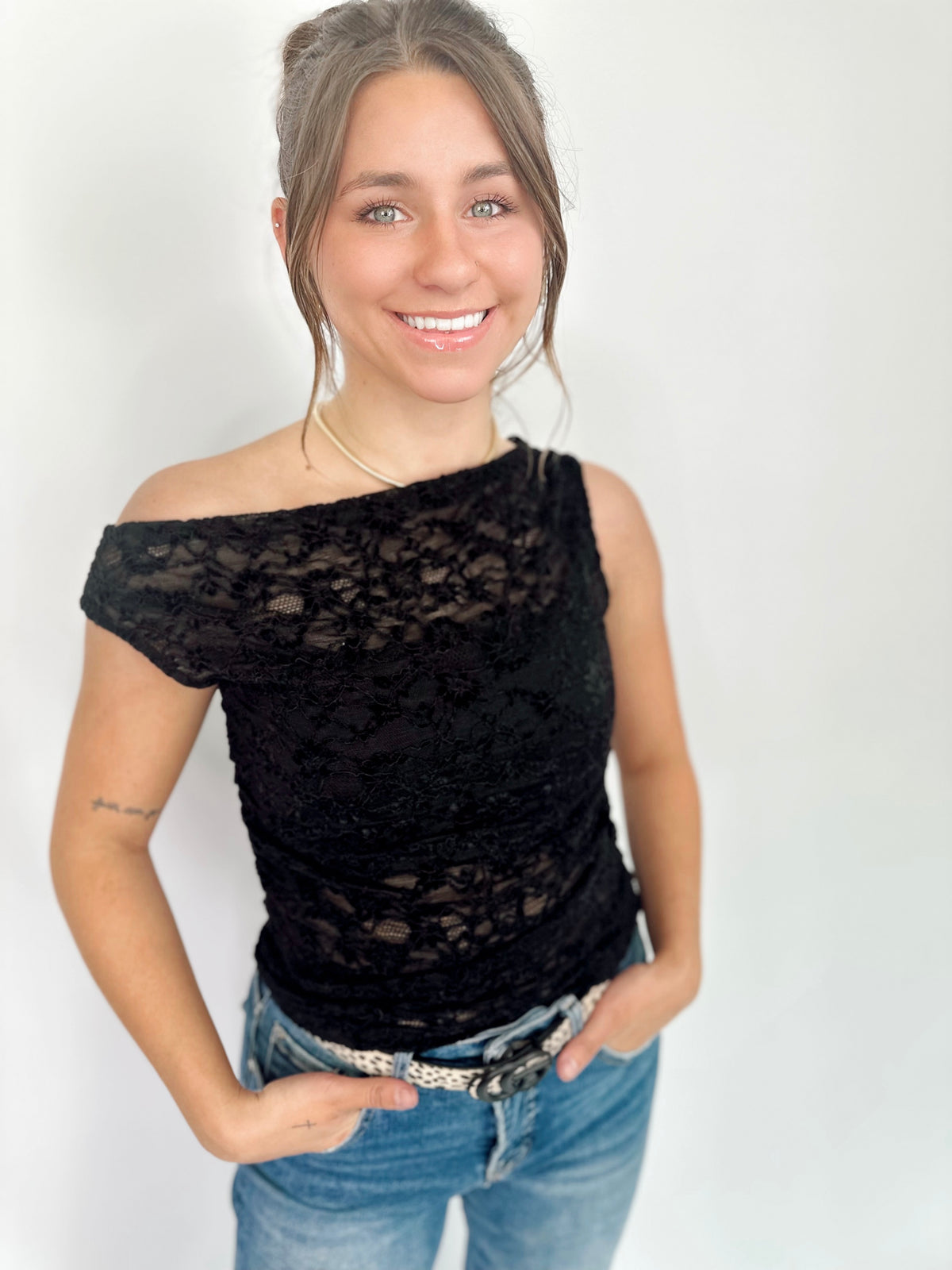 Jenny One Shoulder Ruched Lace Top