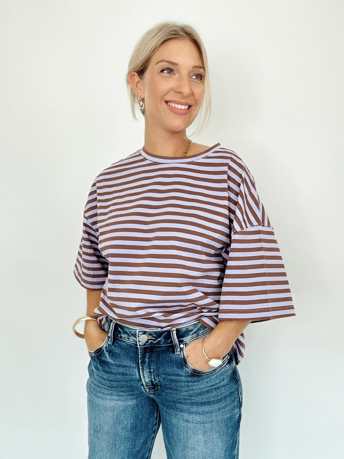 Vivian Stripe Oversized Boyfriend Tee Violet