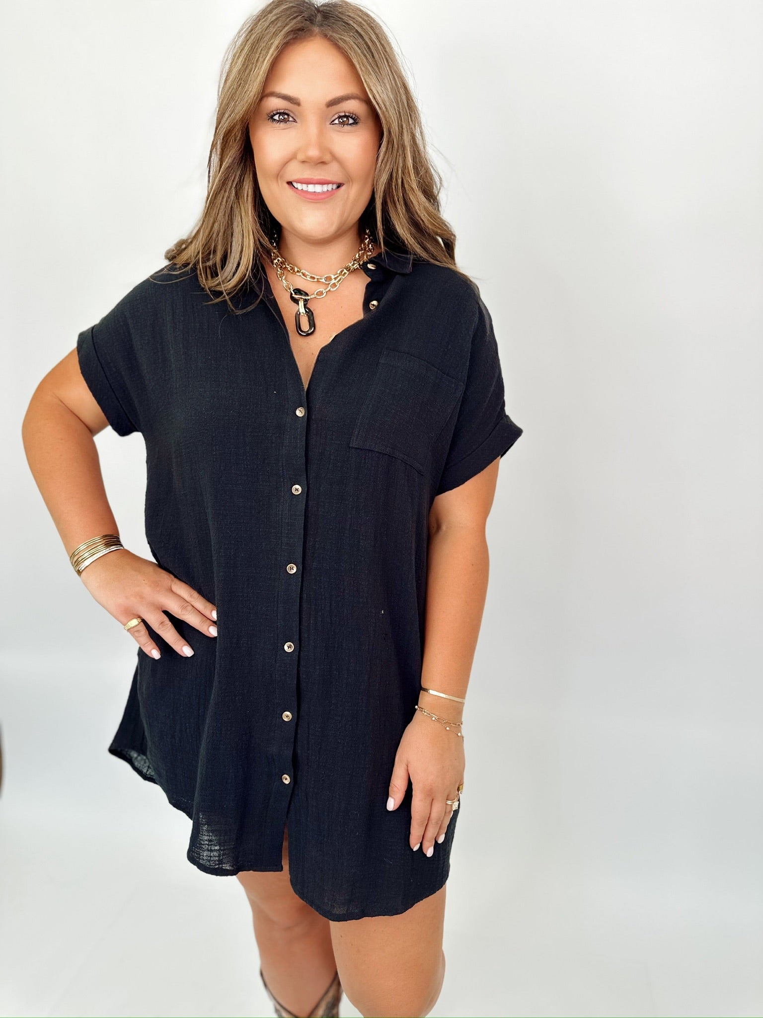 Penelope Button Up Shirt Mini Dress Black
