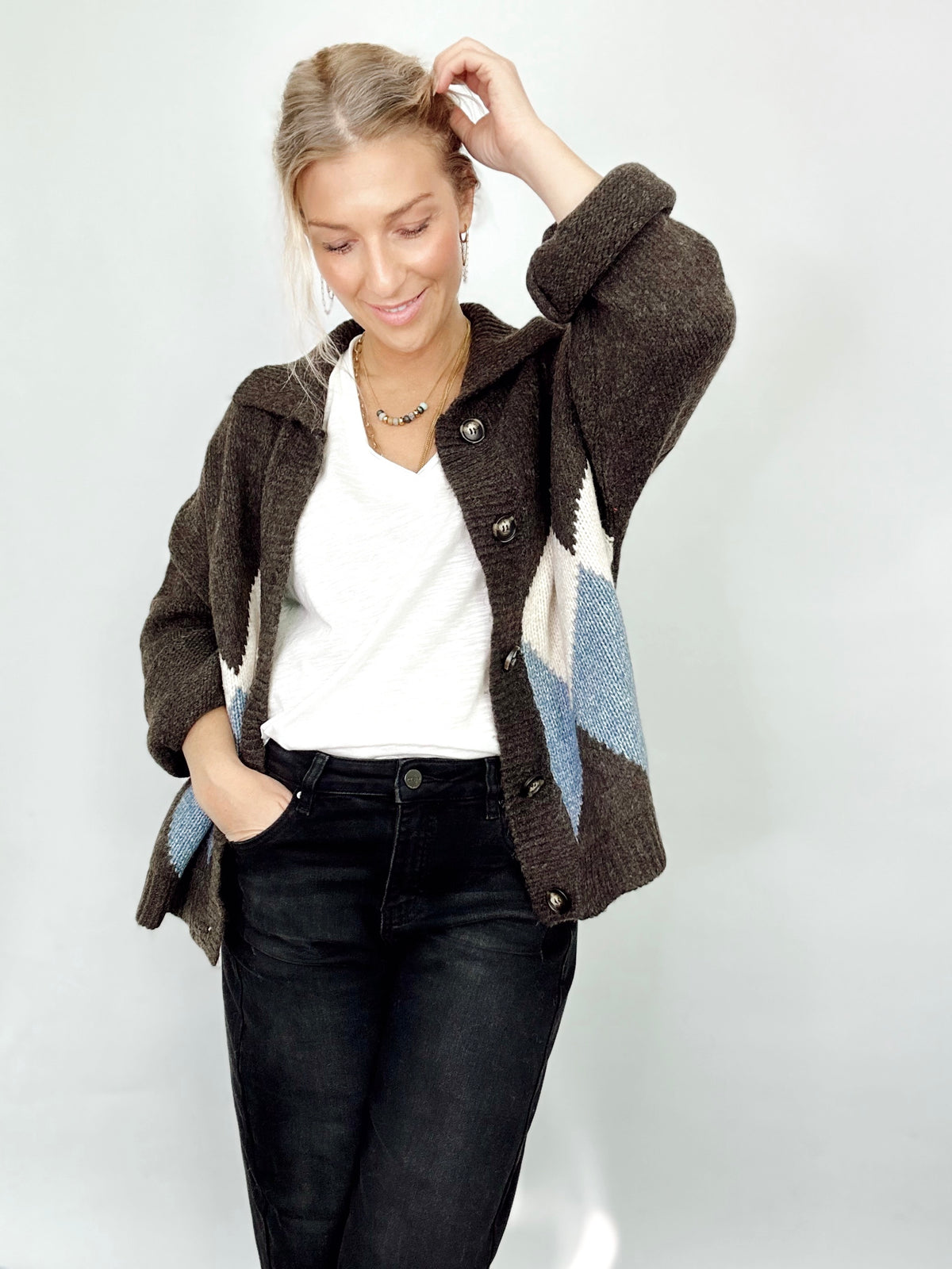 Callie Argyle Knit Cardigan Brown