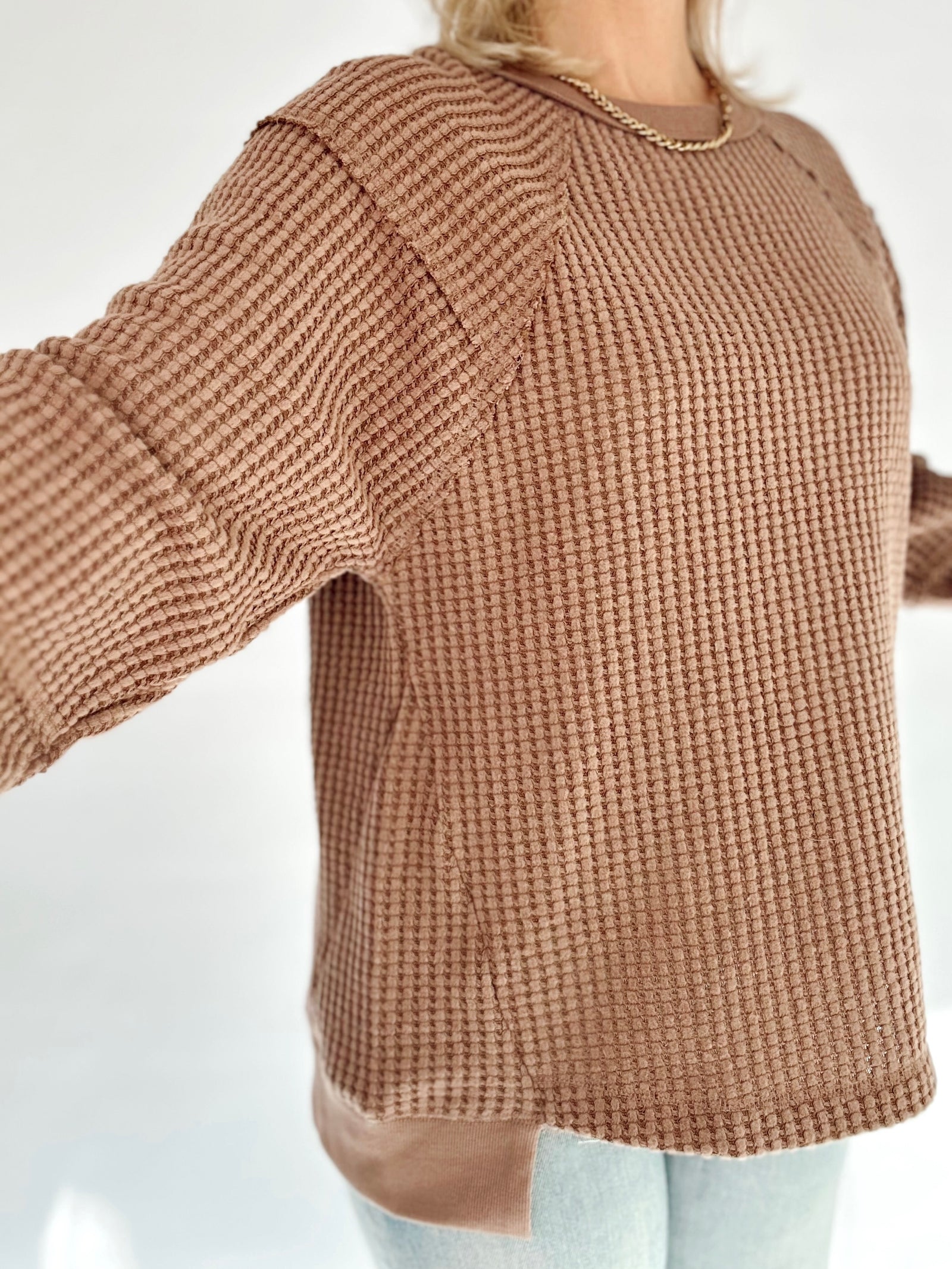 Tabitha Waffle Patch Detail Pullover Mocha