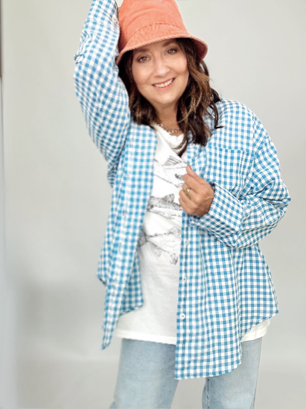 Bobbi Gingham Print Shirt Aqua